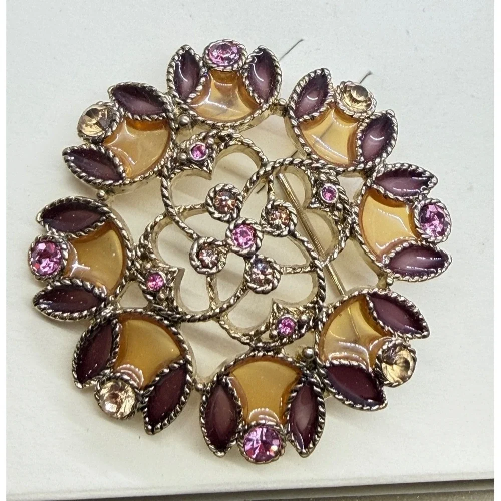 Monet 2 Signed Rhinestone and Enamel Brooch Purple Multi Color Original Box‎ 2